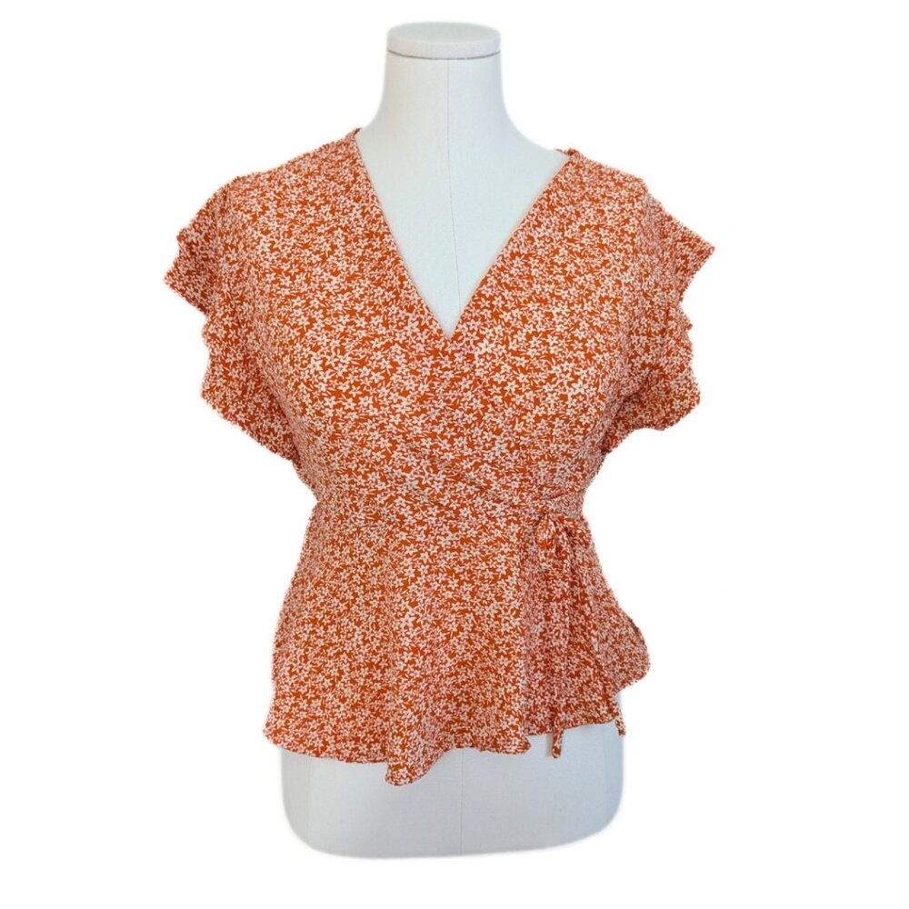 Orange White Floral Wrap Top V Neck Cottagecore Fall Boho Bow Size M